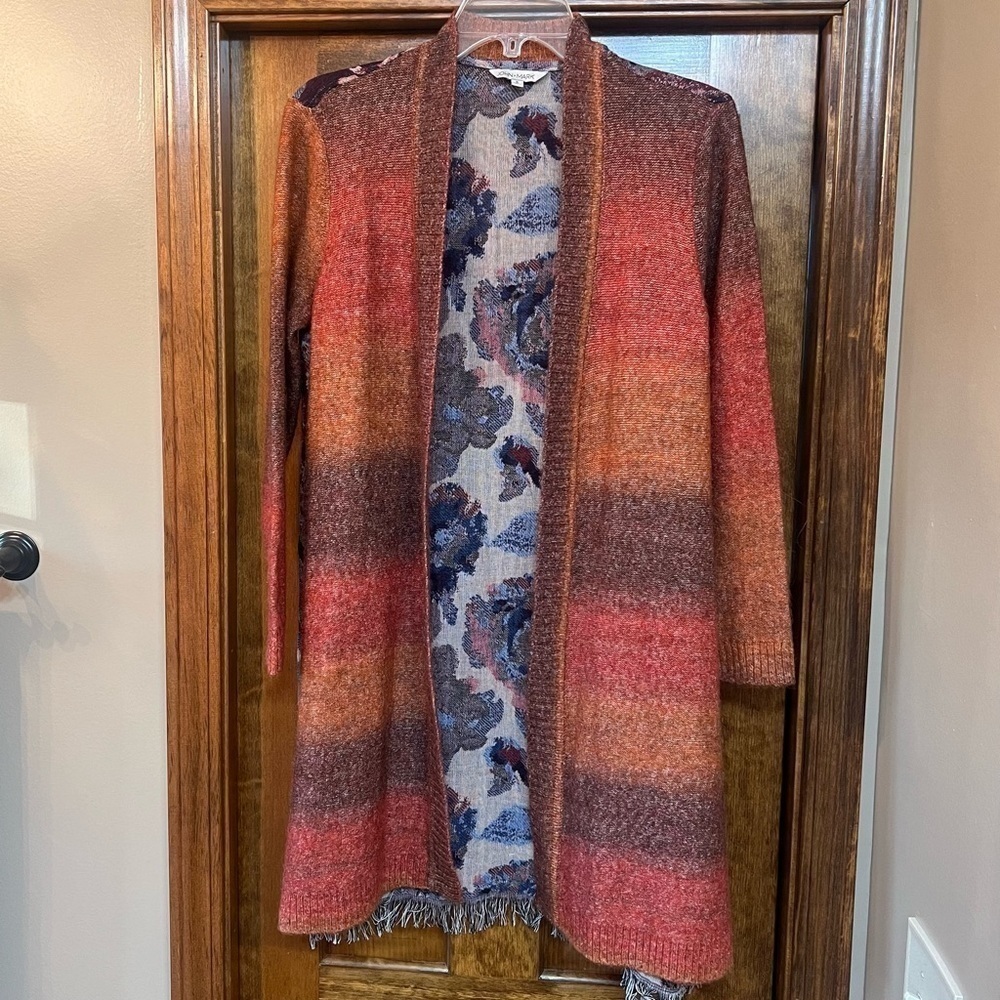 John Mark Open Duster‎ Cardigan Sweater Ombre Front Floral Fringe Boho Sz S EUC